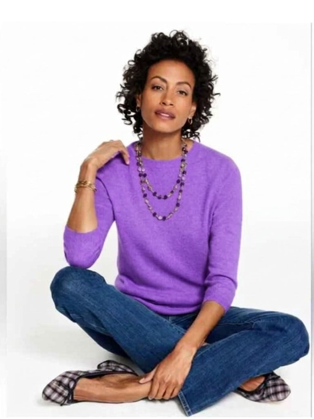 Talbots Audrey 100% Cashmere Ballet Crewneck Sweater Lavender Lilac 3/4 Sleeve